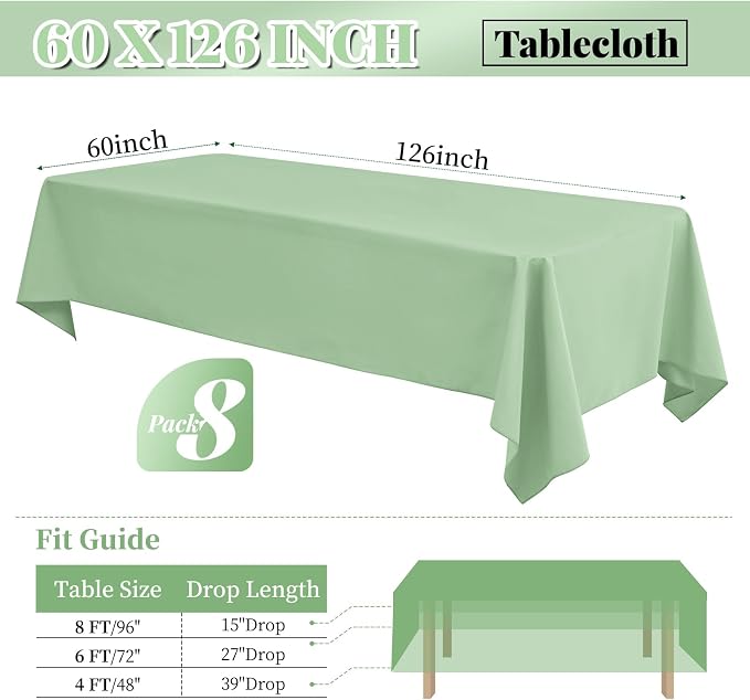 8 Pack Polyester Tablecloth 60 x 126 Inch Sage Green Tablecloth for 8 Ft Rectangle Tables,Stain and Wrinkle Resistant Washable Fabric Table Covers Polyester Table Clothes for Wedding Parties Banque