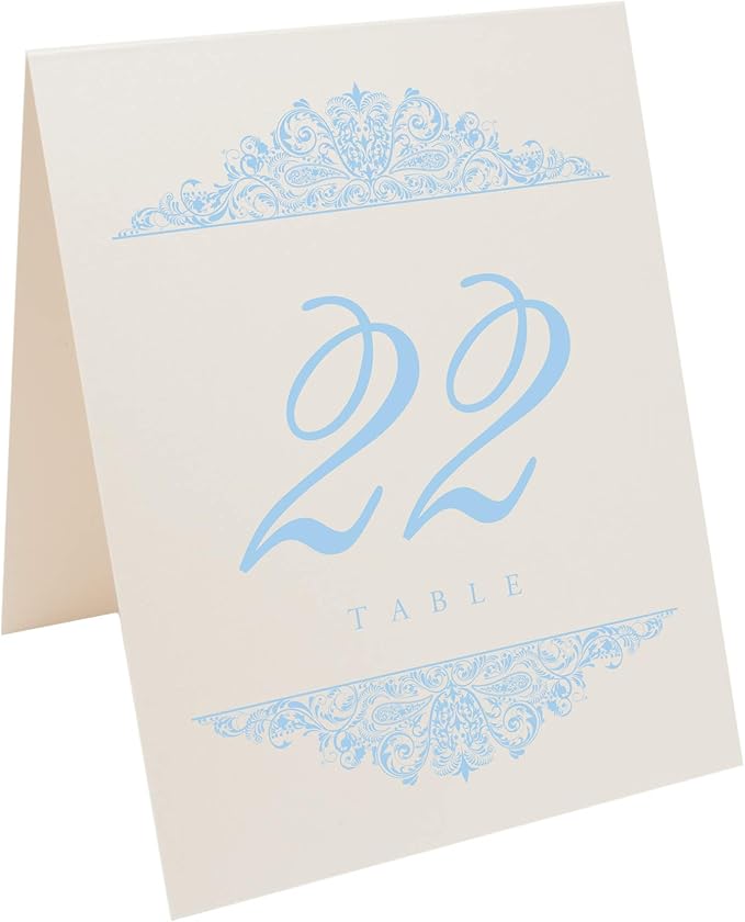 Paisley Wedding Table Numbers (Select Color/Quantity), Champagne, Light Blue, 1-65, Double Sided, Tent or Use in a Stand, Great for Parties & Restaurants - Made in the USA