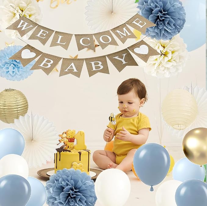 Baby Shower Decorations for Boys with Rustic Burlap Welcome Banner and Dusty Blue Balloons Paper Party Supplies (Pastel Blue + Gold)