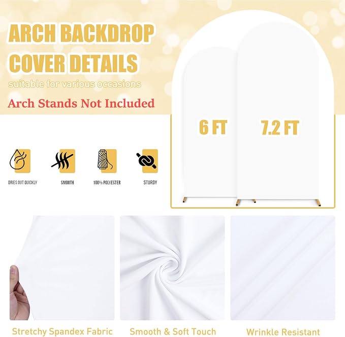 FUHSY Arch Covers Set of 2 Wedding Arch Stand Covers Fitted Spandex Covers for Arch Backdrop Panels (7.2FT, 6FT) Stretchy Chiara Backdrop Stand Set Cover for Birthday Party Baby Shower Decor White