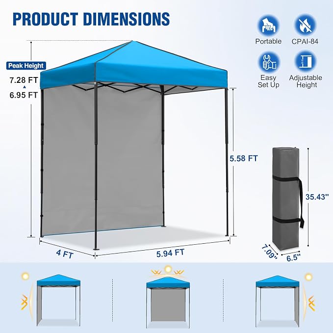 6x4 Pop Up Canopy Tent with One Wall Panel, Instant Portable Beach Canopy, Outdoor Tent with Carry Bag for Camping, Sports, Tailgating, Events, Light Blue
