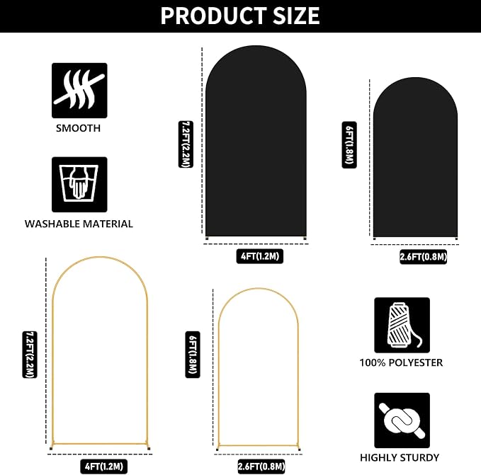 2 Pack Arch Backdrop Stand and Cover Set (7.2FT/6FT), Balloon Arch Stand, Metal Background Arch Stand, Backdrop Arch Frame, Wedding Arch for Backdrop (Black Cover)