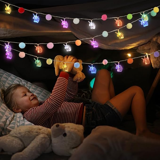9.85FT Colorful Indoor String Lights with 20 Cute PomPoms 20 Unicorn LED Indoor String Lights Battery Operated with Timer for Home Bedroom Kids Playhouse Birthday Wedding Party Holiday Christmas Decor
