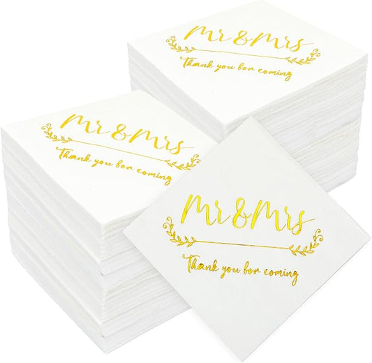 200 Pack Gold Foil Mr and Mrs Wedding Cocktail Napkins for Wedding Party Reception Dessert Cake Table Decorations Welcome to Our Beginning Disposable Napkins