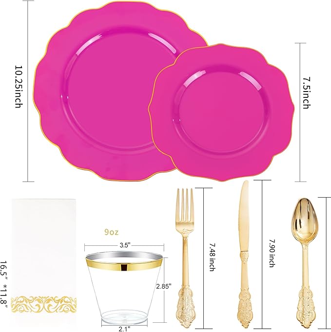 NOCCUR 175PCS Hot Pink Plastic Plates with Gold Disposable Silverware - Include 50 Hot Pink Plates,25 Knives,25 Forks,25 Spoons,25 Cups and 25 Napkins - Ideal for Party/Mother's Day