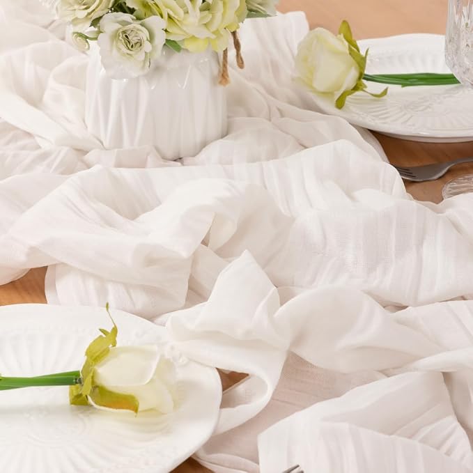 LINXTAR Ivory Cheesecloth Table Runner 160 Inches 14Ft Gauze Summer Boho Table Runner for Wedding Tea Party Baby Shower Bridal Birthday Home Decoration
