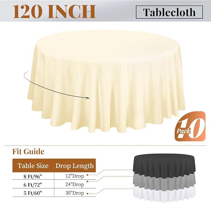 fani 10 Pack 120 Inch Round Tablecloth, Beige Polyester Fabric Table Cloth for Round Table, Stain and Wrinkle Washable Table Cover for Wedding Party Dining Table Buffet Banquet Restaurant and Camping