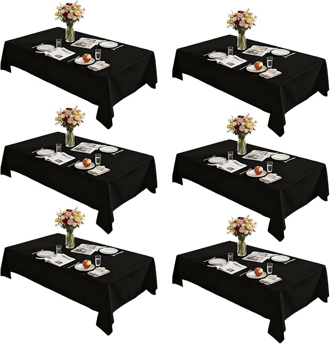Rectangle Tablecloth 60" x 84", Black Washable Polyester Table Cloth, Wipeable Table Cover for Dining, Wedding, Birthday, Party, Banquet Decor, 6 Pack