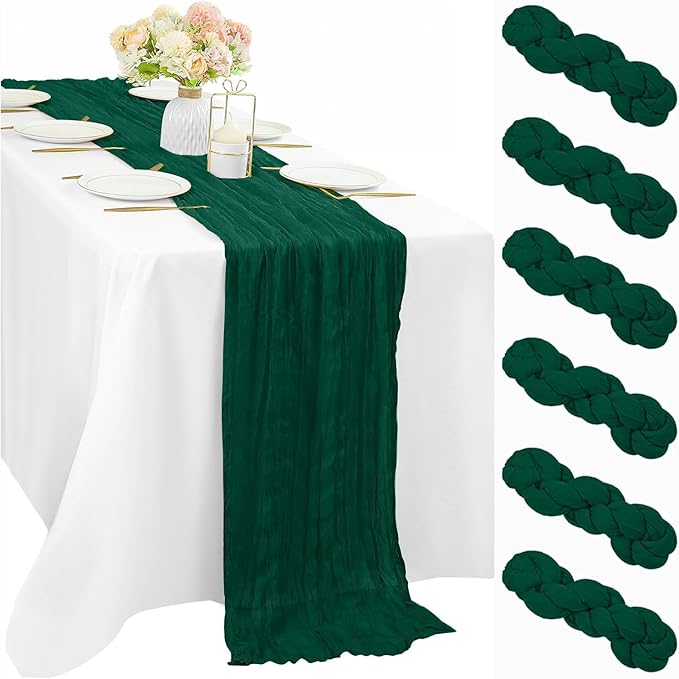 6 Pcs Emerald Green 10FT Cheesecloth Table Runner Gauze Fabric Runner for Tables Boho Table Runner Decoration Rustic Sheer Runner for Wedding Birthday Baby Bridal Shower Party (35 x 120 Inches Long)