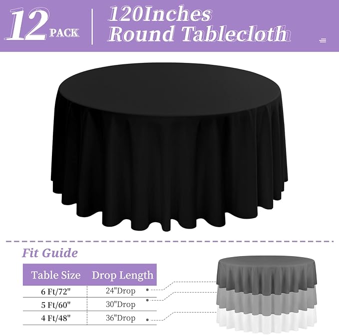12 Pack Round Tablecloth 120 Inch - Black Polyester Table Cloth, Premium Stain and Wrinkle Resistant Washable Fabric Table Cover for Wedding Party Banquet Restaurant Reception
