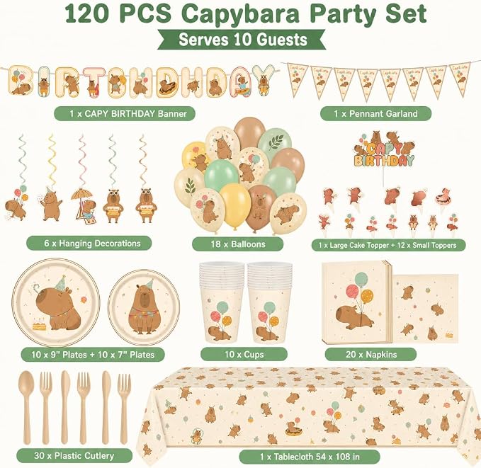 120 PCS Capybara Birthday Party Supplies for 10 Guests, Cute Animal Theme Decorations and Tableware Set with Banner, Balloons, Plates, Cups, Napkins, Cutlery, Tablecloth, and Toppers