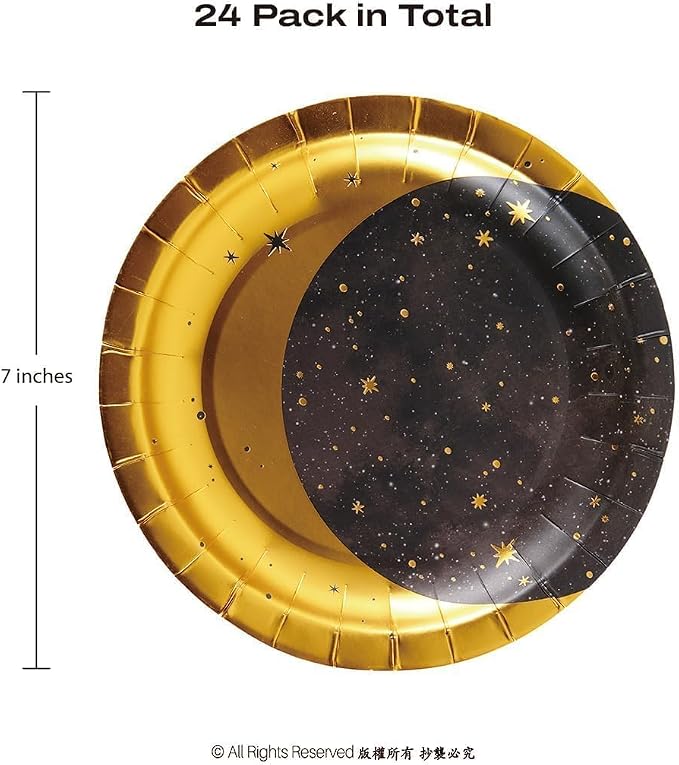 Cheerland Gold Metallic Foil Star and Moon Paper Plates for Galaxy Theme Party Tableware Set Starry Night Outer Space Birthday Sun and Moon Party Decorations Twinkle Twinkle Little Stars (24, Gold)