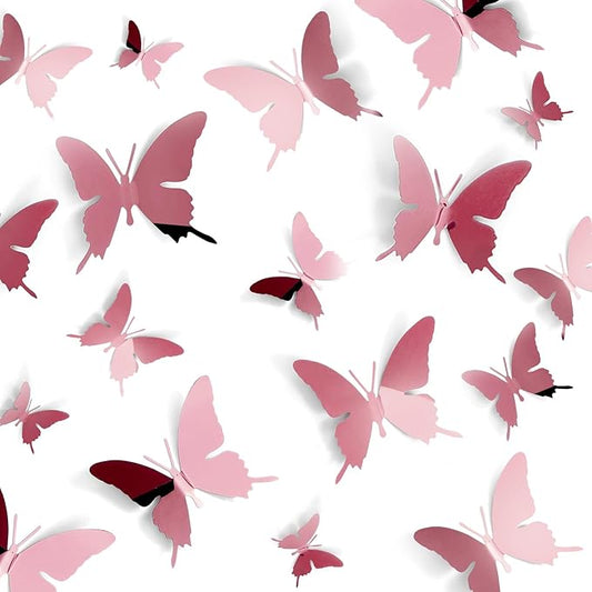 Ferraycle 24 Pieces Metal Butterfly Wall Decor, 3 Sizes 5.9", 3.94", 2.36" 3D Flying Butterfly for Wall Room Bedroom Living Room Decorations, Wedding Birthday Party Home DIY Art Decor (Pink)