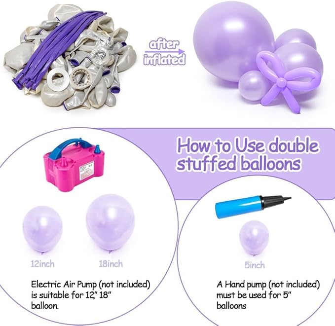 Pearl Purple Balloon Double Stuffed Lavender Balloons Garland Dark Royal Purple Arch Kit with Long Balloons Different Size for Birthday Wedding Baby Shower Mermaid Decoration
