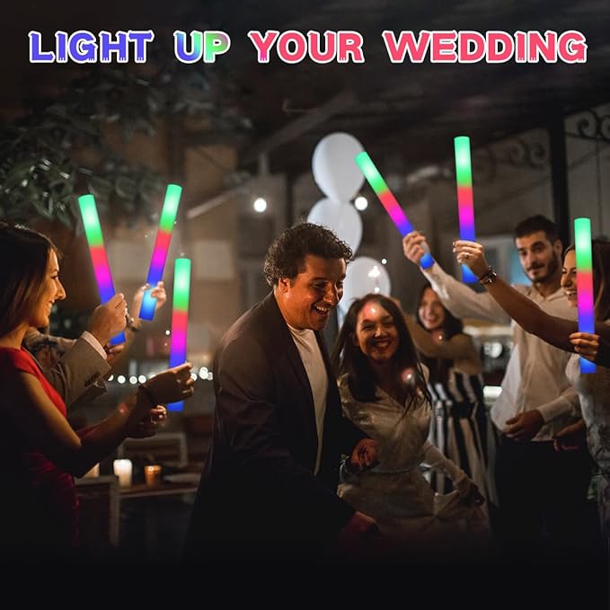 Foam Glow Sticks for Party Pack: Wedding Essentials Parties Supplies Bulk - 3Modes Colorful Flashing Led Light Up Dark Stick - Dance Floor Props for Birthday Carnival Raves Concert (98 PK / SET)
