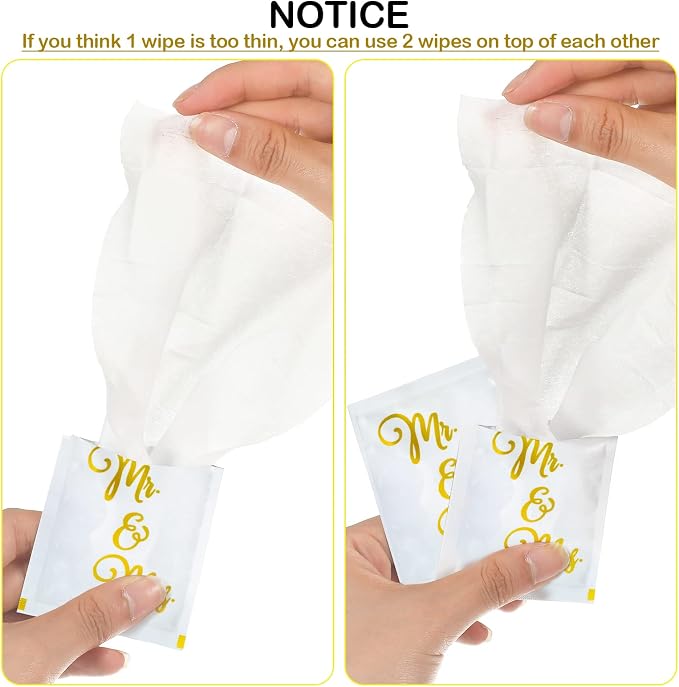 200 Pack Wedding Wipes for Reception Mr and Mrs Guest Wrapped Wipes Wedding Flushable Hand Wet Gold Foil Decorations for Travel Anniversary Bridal Shower Party Supplies Favor