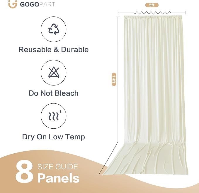 40x14ft Ivory Backdrop Curtains for Wedding Party, 8 Panels 14 ft Long Back Drop Cloth, Wrinkle-Free Polyester Drapes for Birthday, Baby Shower, Stage Photography Background