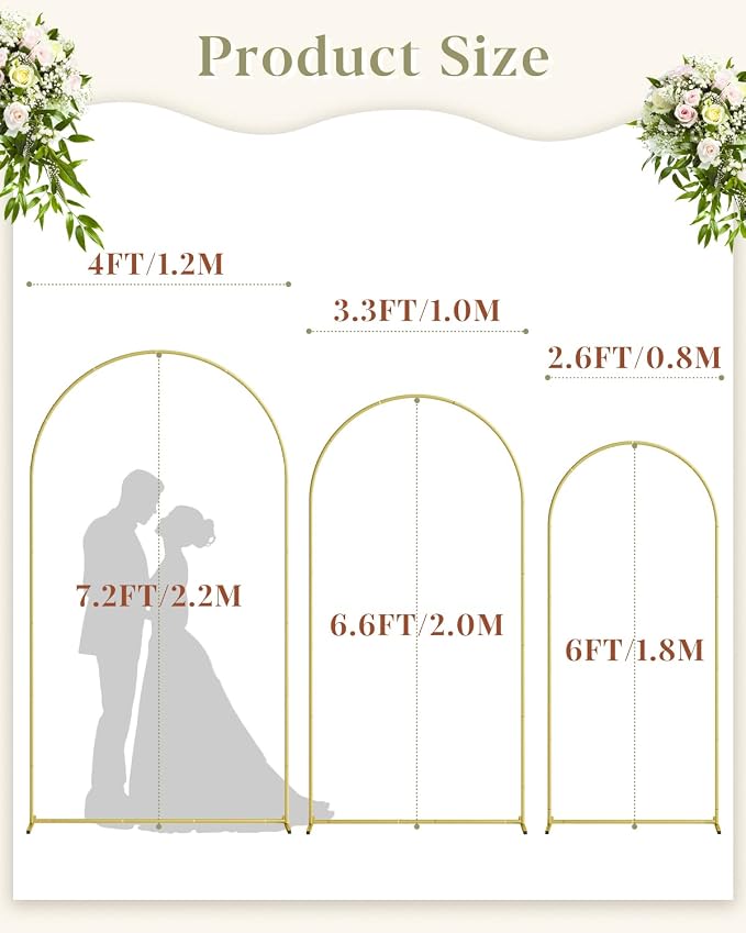 Wedding Arch, Metal Arch Backdrop Stand, Balloon Arch Stand Wedding Frame for Ceremony Decoration (Gold, 7.2FT, 6.6FT, 6FT Arch Backdrop)