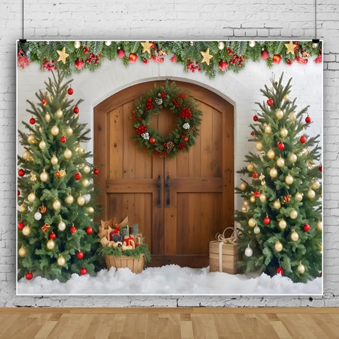 Christmas Photo Backdrop 10x8ft Rustic Christmas Barn Door Photography Backdrop Xmas Trees Gifts Ornaments Background Merry Christmas Party Decor Banner Family Photo Studio Booth Props