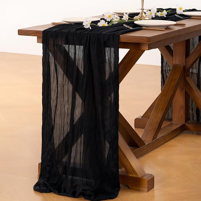 Socomi 6pcs Black Summer Cheesecloth Table Runner Boho Rustic Gauze 120 inch 10FT Cheese Cloth Sheer Runner for Wedding Party Baby Shower Birthday Home Decor Holiday Decorations