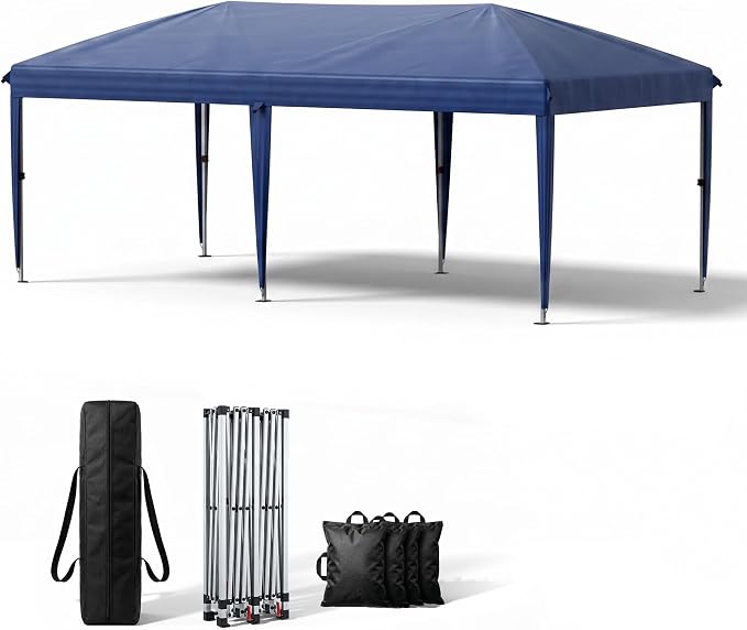 10x20 FT Portable Pop Up Canopy Tent with Sandbags, Adjustable Height Instant Gazebo Without Sidewalls,Waterproof Outdoor Canopy for Camping, Parties, Vendor Events (Blue, 3m × 6m Without sidewalls)