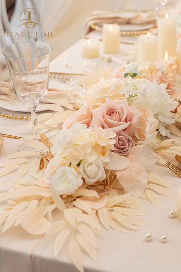 TINGE TIME Champagne Pink Flower Garlands, 2 PCS Artificial Eucalyptus Garlands, Handcraft Artificial Rose Arch Flowers for Wedding Arch Sweetheart Table Ceremony Backdrop Decorations for Home