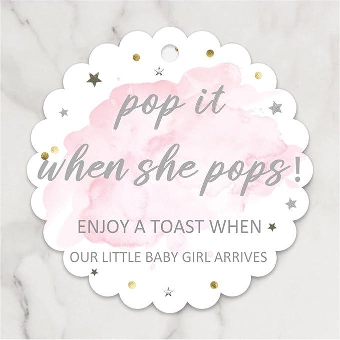 Pink Pop It When She Pops Baby Shower Bottle Tags, Pop the Bubbly When She Pops Tags, Girls’ Champagne Baby Shower Favor Label with Bows Set of 30