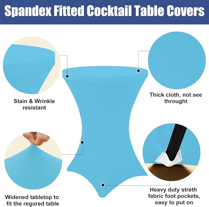 Moosfor Spandex Cocktail Table Covers 4 Pack, Elastic Fitted Stretch Table Cloth, Round High Top Tablecloths for Bar, Party, Pub, Wedding & Banquet (Blue Mist, 32x43 Inch)