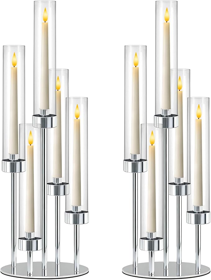 2 Pcs 5-Arm Silver Metal Table Candelabra Centerpiece, 22" Tall Clear Candlesticks Holder with Shade for Valentines Day Events Party Table Centerpiece,Fit LED Candles