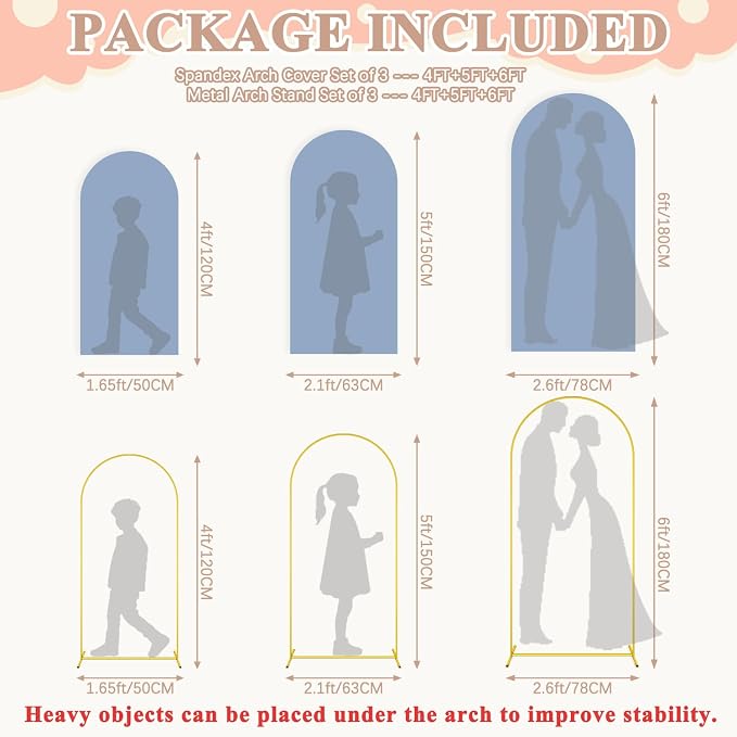 Weding Arch Backdrop Stand and Dusty Blue Cover Set 6FT, 5FT, 4FT Metal Arch Stand with Cover Set of 3 Wedding Arch Frame and Arch Stand Cover for Wedding Ceremony Birthday Party Baby Sower
