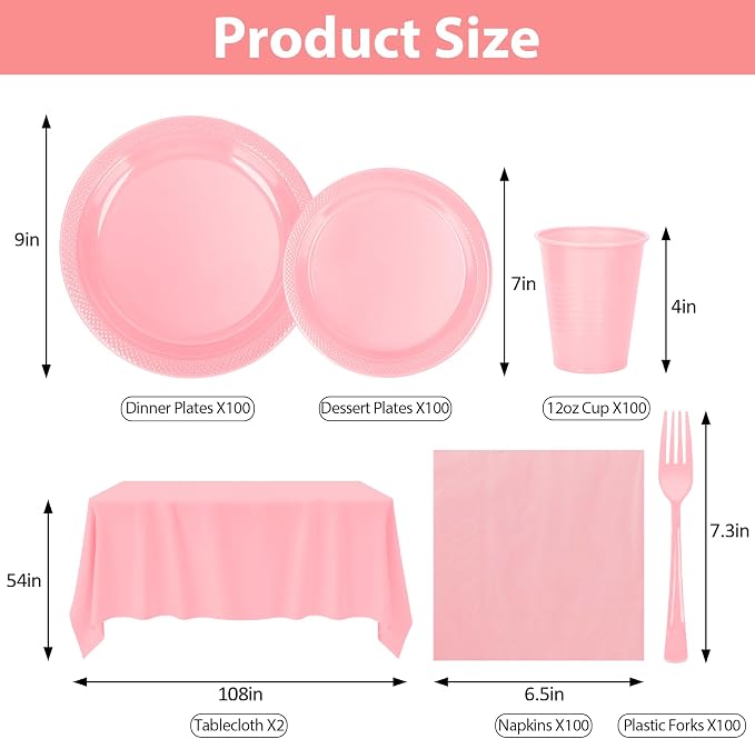 Pink Plastic Plates for Party,100 Guest Disposable Plastic Plate Set 9" Plates,7" Dessert Plates,Napkins,Cups,Forks & Tablecloth for Birthday,Wedding,Baby Shower,Girlfriends Tea Party