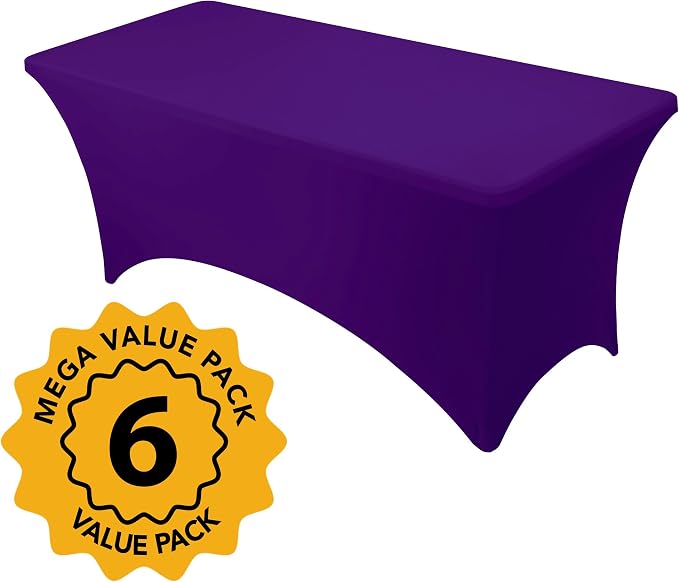 6-Pack Premium Purple Spandex Tablecloths for 6ft Rectangle Tables, Stain & Wrinkle-Resistant, Washable Stretch Polyester Fitted Table Cover for Weddings, Banquets, Trade Shows Events