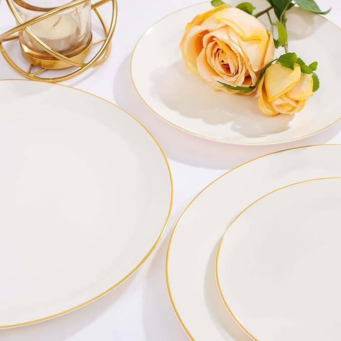 Nervure 100Pcs Ivory and Gold Plastic Plates - 10.25inch Disposable Ivory Dinner Plates - Heavy Duty Plastic Plate Ideal for Wedding & Party & Mothers Day
