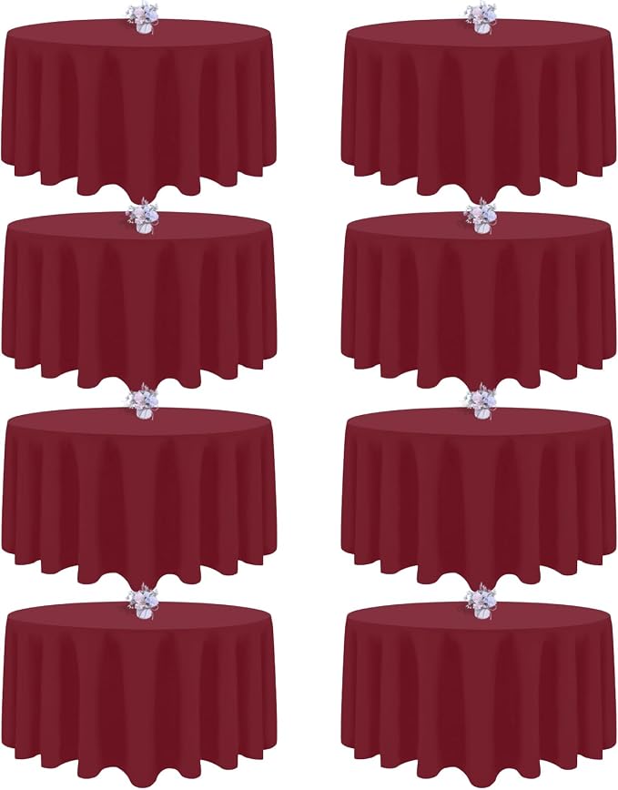 8 Pack Burgundy Round Tablecloth 90 Inch Round Table Cloth, Wrinkle Resistant and Washable Polyester Fabric Table Cloth Round Table Cover for Dining Wedding Banquet Party