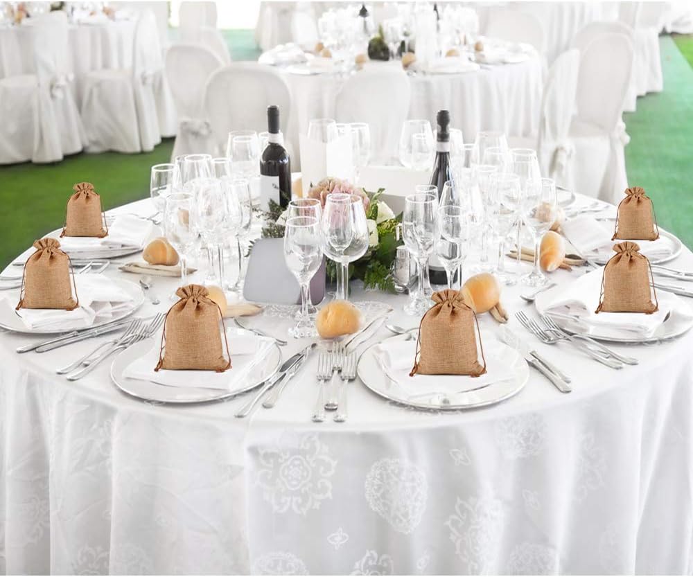 Lucky Monet 25/50/100PCS Burlap Gift Bags Wedding Hessian Jute Bags Linen Jewelry Pouches with Drawstring for Birthday, Party, Wedding Favors, Present, Art and DIY Craft (100Pcs, Coffee, 7” x 9”)