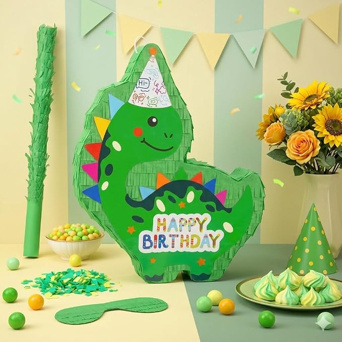 Dinosaur Piñata - Green Dinosaur Piñata with Stick, Blindfold and Confetti for Animal Themed Birthday Party Game Supplies Decorations (16”x12”x3”)