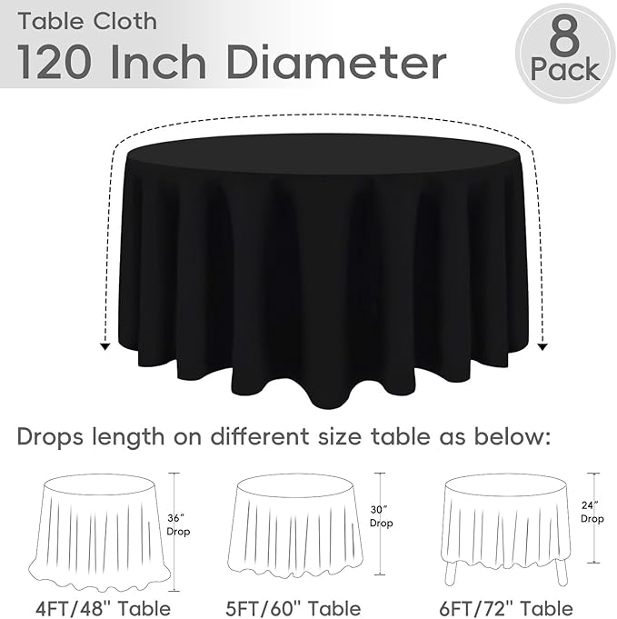8 Pack Round Tablecloth 120 Inch Cloth Black Tablecloth for Round Tables, Washable Polyester Table Cloth Stain and Wrinkle Resistant Decorative Table Cover for Wedding Party Dining Banquet