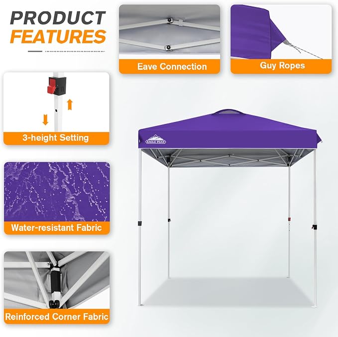 EAGLE PEAK Pop Up Canopy Tent with Wheeled Carry Bag, 8 Stakes, 4 Ropes, Easy Set Up Tent Canopy, 6.6x6.6 ft, Purple