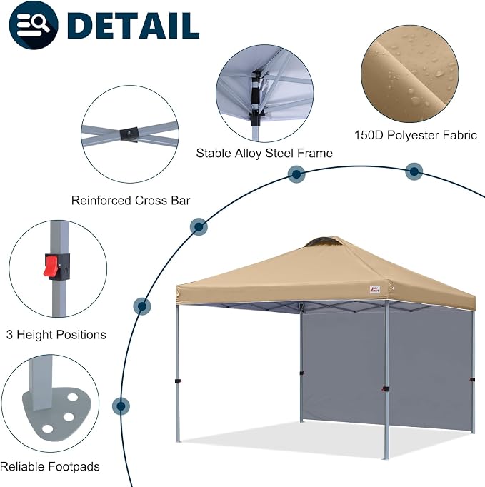 MASTERCANOPY 10x10 Pop Up Canopy Tent with 1 Sidewall, 1 Person Setup Instant Shelter, Outdoor Portable Beach Canopy, 1 Roller Bag, 4 Sandbags, 4 Ropes, 8 Stakes (10x10, Sand)