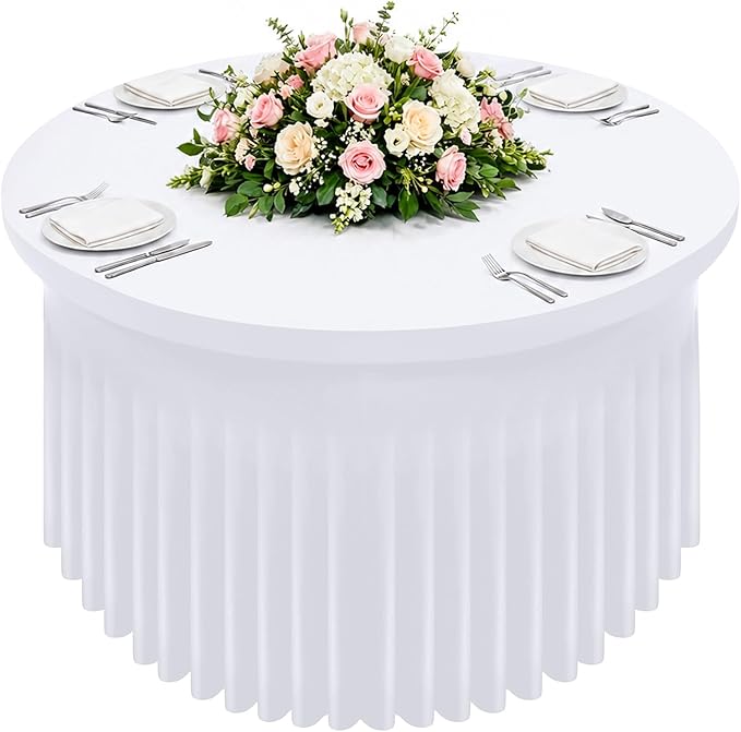Smiry Round Spandex Tablecloth, Elastic Fitted Washable Tablecloths for 72 Round Tables, Waterpoof Stretch Table Cover Skirt for Outdoor, Wedding, Banquet & Parties, White
