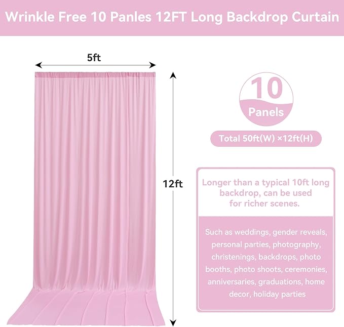 50ftx12ft Baby Pink Backdrop Curtains for Wedding-Wrinkle Free Backdrops Curtain Drapes Fabric Decorations Photo Back Drop Cloth for Baby Shower Photography Stage Reception 10Panels 12ft(H) x 5ft(W)