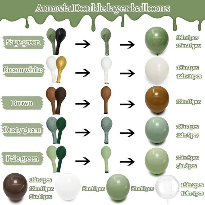 Green Brown Balloon Garland Double Stuffed Dusty Sage Green White Sand Balloons Dark Olive Tan Balloon Arch Kit for Neutral Baby Shower Birthday Bridal Wedding Woodland Safari Jungle Party Decorations