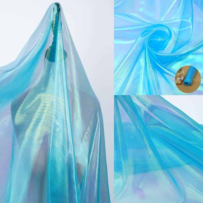 Sky Blue Iridescent Organza Fabric for Wedding & Halloween, 11 Yard Long, 59-Inch Wide, Perfect for DIY, Photography Scene Arrangement, and Personalized Clothing Production