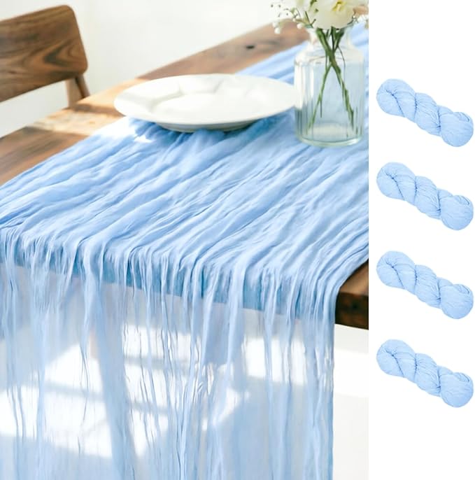 LINXTAR Light Blue Cheesecloth Table Runner 4 Pack 160 Inches 14Ft Gauze Summer Boho Table Runner for Wedding Tea Party Baby Shower Bridal Birthday Home Decoration