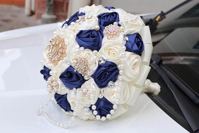 Bridal Wedding Bouquet with Rhinestone Brooch Pearl String Cascade Bouquet for Bride Bridesmaid Quinceanera Satin Rose Flower Bouquet Wedding Navy Blue and Ivory 6.3in