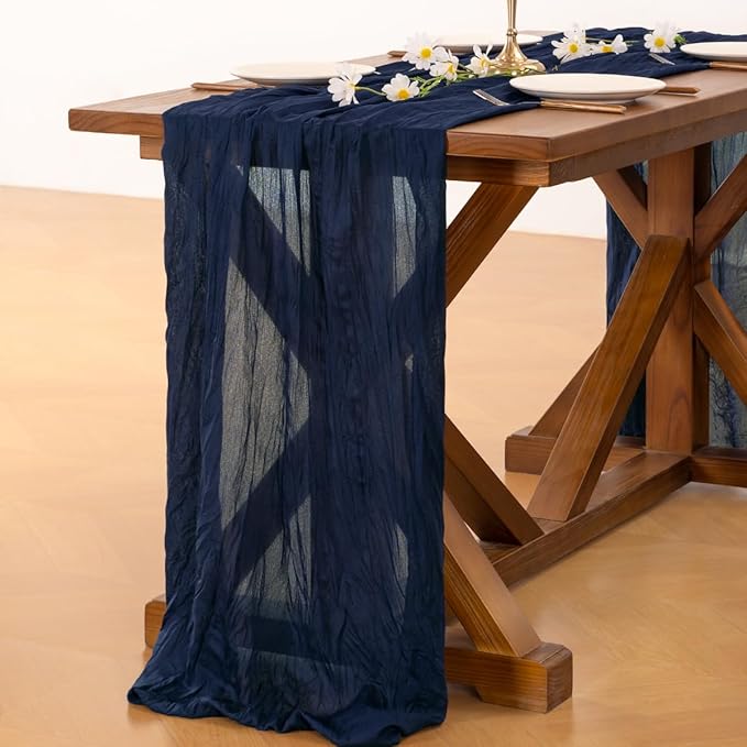 Socomi 2pcs Navy Blue Easter Spring Cheesecloth Table Runner Boho Rustic Gauze 120 inch 10FT Cheese Cloth Runner for Wedding Party Baby Shower Birthday Home Decor Holiday Decorations