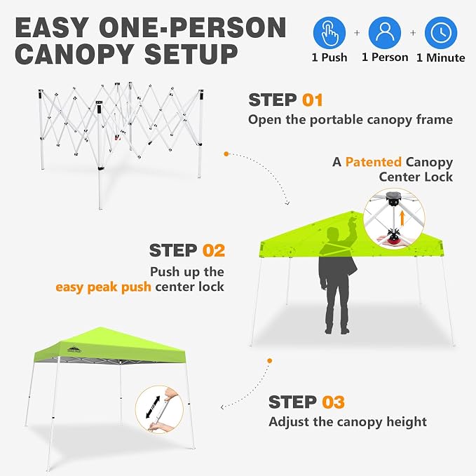 EAGLE PEAK 10x10 Slant Leg Pop-up Canopy Tent Easy One Person Setup Instant Outdoor Beach Canopy Folding Portable Sports Shelter 10x10 Base 8x8 Top (Neon Green)