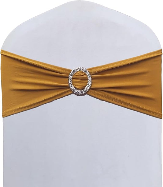 50PCS/100PCS Stretch Chair Sashes Bows Elastic Chair Bands with Buckle Slider Sashes Bows for Wedding Hotel Banquet Birthday Party Decorations (100PCS, Gold)