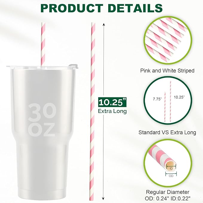 10.25" Long Pink/White Striped Disposable Paper Drinking Straws Bulk - Unwrapped [600 Counts]