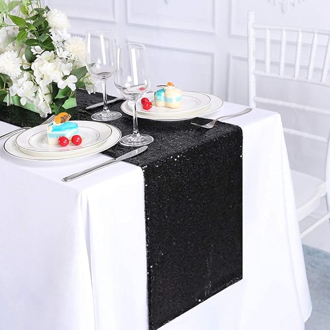 JYFLZQ Black Sequin Table Runners 12" x 72" Pack of 2 Sparkly Black Metallic Table Runner Glitter Sequin Runner for Table Birthday Party Event Decorations
